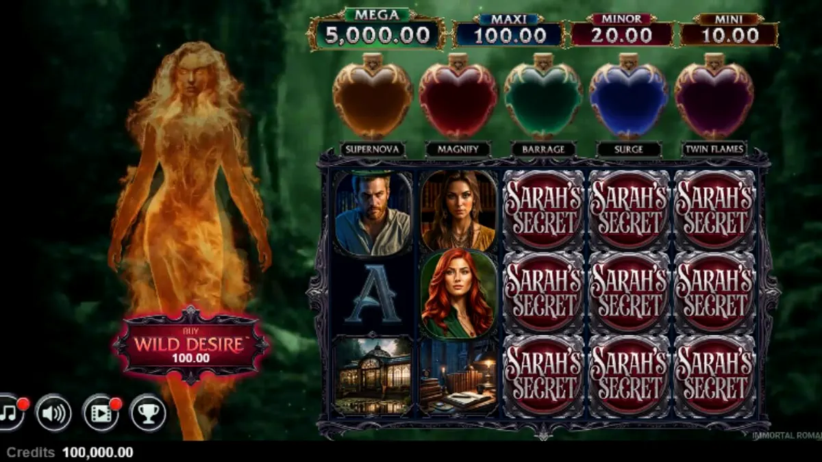 Tampilan visual slot Immortal Romance Sarah’s Secret dengan tema gotik yang mencekam