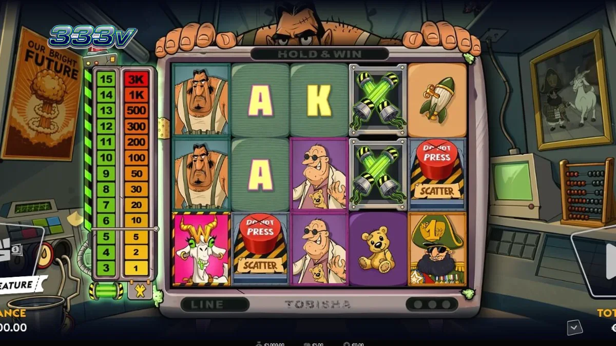 Tampilan antarmuka slot Enriched dengan tema nuklir dan retro-futuristik